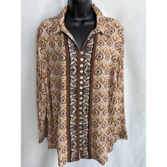 Soft Surroundings Top Button Up Boho Embellished Paisley Size XL Brown Bohemian - Picture 1 of 8